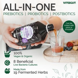 VITAGUT Liquid Probiotic, Prebiotics & Postbiotics 3-in-1 Organic, Live Probiotics for Women & Men - Probiotics for Digestive Health, 50 Billion CFU, 19 Fermented Herbs, Vegan Probiotic for Gut Health