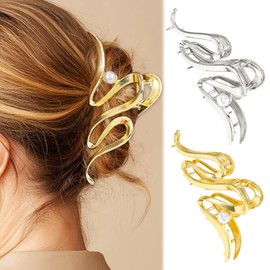 Kilshye Gold Metal Hair Clips Pearl Hair Claw Clips Large Hair Jaw Clamps for Women and Girls (Pack of 2) (A-Gold&Silver, One Size)