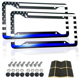 RCKJNJ Thin Blue Line License Plate Frames - Aluminum American Flag Police Support with UV Printing, Rustproof Hardware & Black Caps -Back The Blue Design