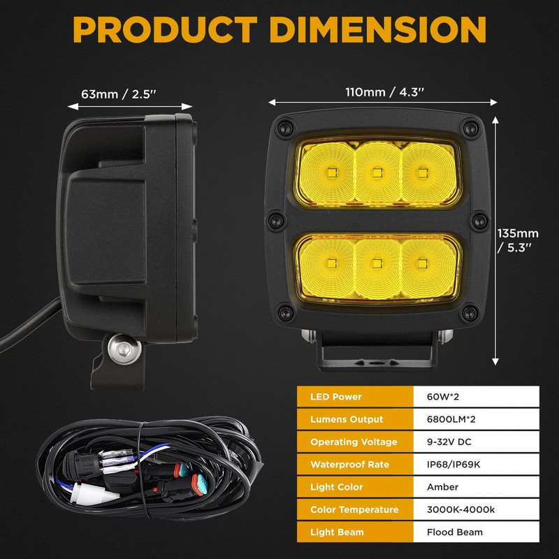 BIGLION.X 4 Inch 2Pcs 120W Amber Led Pods Yellow Fog