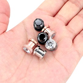 YOFANST 6pcs Stainless Steel Clear Black Zircon Ear Tunnels Piercing Diamond Gauge Plugs Set with O-rings 4g