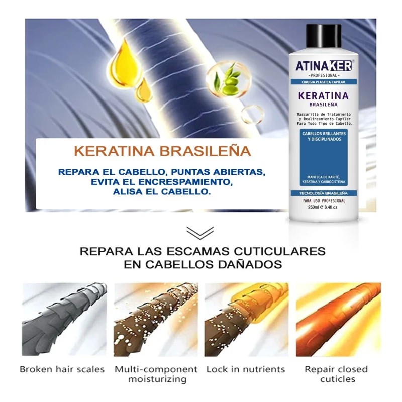 Keratina Brasileña Atinaker Cirugía Capilar +champú Kit250ml