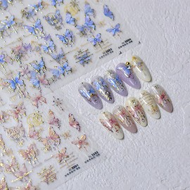 2 Sheet Butterfly Nail Stickers 5D Embossed Blue Butterfly Nail Art Decals Self-Adhesive Shining Shell Aurora Manicure Accessories for Women Girls DIY Nail Art Decorations Supplies