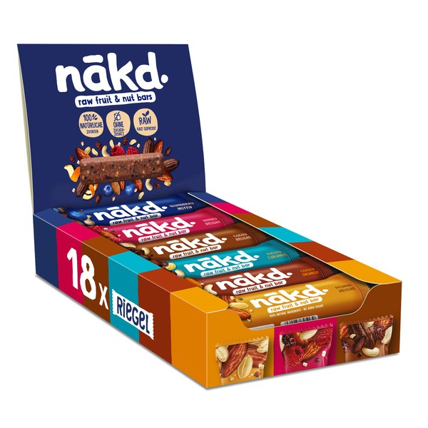 Nākd. Variety Pack | Cold Pressed Bars Made of Fruit & Nuts | 100% Natural Ingredients | No Added Sugar | Vegan | Gluten Free & Without Milk | 18 x 35 g