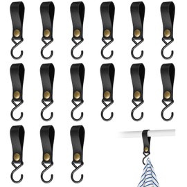 Celepoir 15 Stück S-Haken mit Lederschlaufe, 16x2 cm Haken für Kleiderstange, Schwarz Kunststoffhaken zum Einhängen, S-förmige Leder Camping Haken, Multifunktionshaken für Garderobe, Camping, Stange