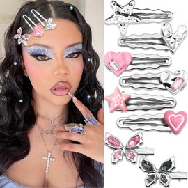 SAWINDA 8PCS Y2K Pink Star Hair Clips Cute Heart Butterfly Hair Clip and Barrettes with Rhinestone Silver Metal Non-Slip Alligator Clips Goth Hair Accessories for Women and Girls