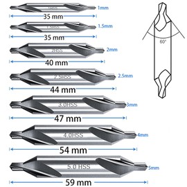 KEWAYO 7 Piece Pilot Drill Set, M2 High Speed Steel, 60 Degree Angle, Centering Drill Set, Countersink, Tools for Lathe, Metalworking, Size (1.0/1.5/2.0/2.5/3.0/4.0/5.0 mm)