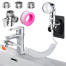 Roscid Sink Handheld Shower Kit with 9.8ft Telescopic Hose, Kitchen Bathroom Faucet Sprayer Attachment with 3 Adapters M22 M24 G1/2, for Hair Washing, Baby Shower, Pet Shower (Faucet Not Included)