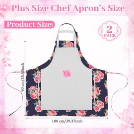 2 Pack Plus Size Floral Aprons Women Adjustable Vintage Kitchen Chef Apron with 2 Pockets for Cooking, Work, Baking, 35.43 x 39.37 Inch(Pink,Black,Floral)