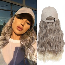 Yunkang Baseball Cap Wig Long Natural Wavy Hair Extensions With Hat Heat Resistant Synthetic Fiber Hairpieces Adjustable Wig for Women Girls(T-blonde honey blonde)
