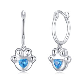 KINGWHYTE Dog Paw Earrings 925 Sterling Silver Paw Hoops Hanging Dangle with Blue Heart Zircon Paw Print Hoop Earrings Jewellery for Women Girls Kids