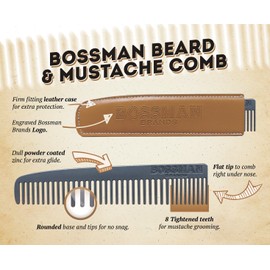 Bossman Metal Comb for Men - Hair and Beard Comb - Accessories for Men's Mustache, Beard and Hair Care with Leather Pocket Case (Black)