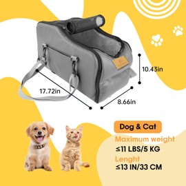 Multipurpose Console Dog Car Seat for Small Dogs & Cats， Portable Pet Carrier with Safety Tether & Storage Pockets (Grey, Middle)
