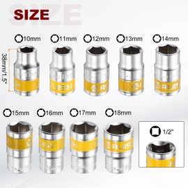 HARFINGTON 17pcs 1/2" Drive 6 Points Socket 10-32mm Metric Shallow Impact Socket CR-V Steel Flip Socket Spindle Axle Nut Impact Socket for Home Auto Hex Nuts Bolts Repair, Silver Yellow