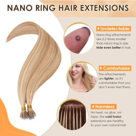 Elailite Hair Extensions Real Human Hair Nano Ring Nano Beads Hair Extension 50 Strands 35g Cold Fusion Straight Balayage (#12/613 Golden Brown Mix Bleach Blonde, 18 Inch)