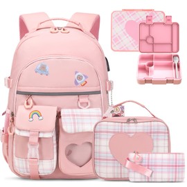 ACESAK Girls Backpack - Bento Box with Insulated Lunch Bag Pencil Case & Utensils Set for Kids, 6 Leakproof Compartments Removable Tray Lunches or Snack Container for School (Pink)