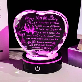 YWHL 10th Wedding Anniversary Crystal Heart Gifts for Couples with LED Base, Laser Engraved Happy 10th Anniversary Keepsake Gift for Wife Husband, Romantic 10 Years of Marriage Gifts for Her Him
