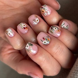 Nude Press on Nails Short Square OFDNE Fake Nails False Nails with Designs Flower Daisy Full Cover Glossy Glue on Nails Stick on Nails Acrylic Nails for Women Girls 24 Pcs