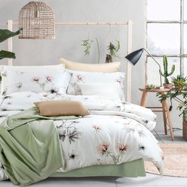 MILDLY Duvet Cover Sets King Size, 100% Egyptian Cotton White Green Floral Leaves Printed Comforter Cover Set Watercolor Reversible Ultra Soft & Breathable Unique Design Bedding Set (No Comforter)