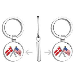 HJ Media USA and Denmark Waving Flags on Poles (American Danish) Metal Round Metal Key Chain Keychain Ring