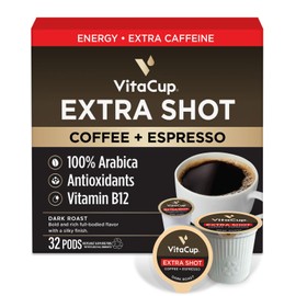 VitaCup Extra Shot Strong Coffee Pods, Bold & Intense Dark Roast w/Espresso Shot, High Caffeine, Vitamin B12, Antioxidants, Recyclable Single Serve Pod Compatible with Keurig K-Cup Brewers, 32ct