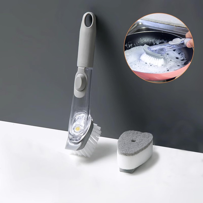 Soap Gray Dispensing Dish Brush With Buckle Sponge，Non-Scratch Kitchen Scrubber