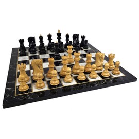 4 Queens Opposite Tops 3 3/4 Inch King Staunton Black Boxwood Chess Men Set with 16 1/2 inch Black and White Faux Marble Alpha Numeric Board