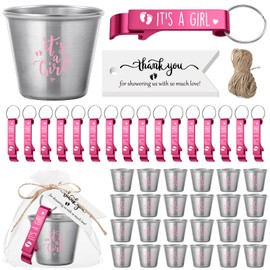 Vesici 50 Sets Baby Shower Favors for Girls Boys Stainless Steel Shot Glasses Cute Bottle Opener Keychains Thank You Tags and Bags Baby Shower Party Favors Gender Reveal Party Guest Return Gift (Pink)