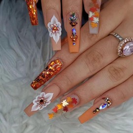 Coffin Press on Nails Long Fake Nails with Maple Leaves & Diamond Charms Designs Orange Glitter Acrylic Nails Fall False Nails Daily Wear Natural Artificial Stick on Nails for Women 24Pcs