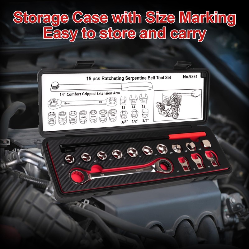 Feikenee 15PCS Serpentine Belt Tool Set, Professional Ratcheting Serpentine Belt
