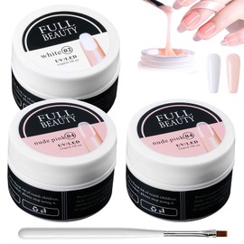 Pack of 3 Builder Gel for Gel Nails Nail Gel for Nails Nail Gel UV 15 ml Reinforcement Extension Repair Care Suitable for DIY Nail Shaping (White Nude Powder) with Manicure Brush