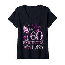 Womens Womens Cheers to 60 Years Old EST 1965 60th Birthday Queen V-Neck T-Shirt