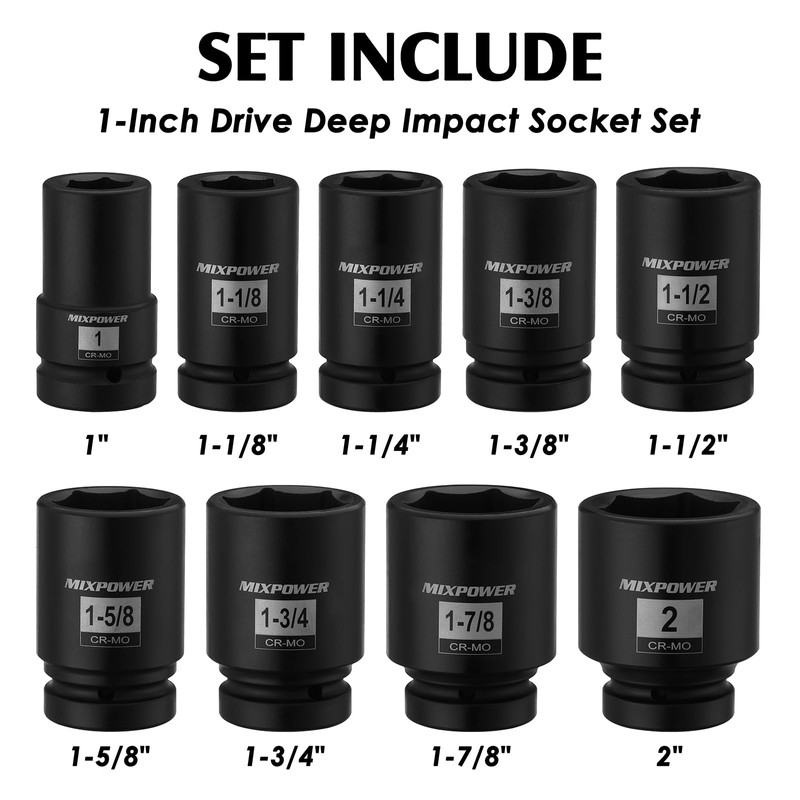 MIXPOWER 9PCS 1"Drive Impact Deep Socket Set, 6 Point, 1"