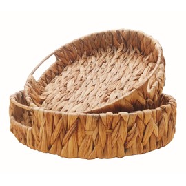ZKZNsmart 2 Pcs Large Round Grass Weaving Tray，Hand-Weaving Natural Water Hyacinth Storage Baskets,Wicker Serving Trays with Built-in Handles, Grass Storage Bins for Fruit,Arts and Crafts.