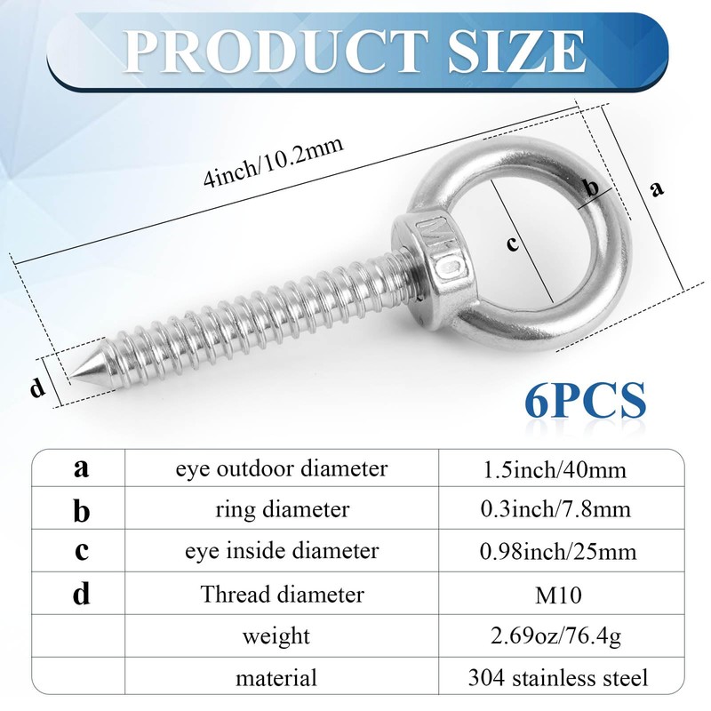 Supkiir 6Pcs 4Inch Heavy Duty Screw Eyes Hooks, M10 Self