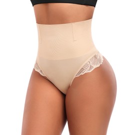 Womens Thong Shapewear Tummy Control Shaper Underwear Seamless Sculpting Thong Panties(A# Mid Rise Beige(lace),Medium)