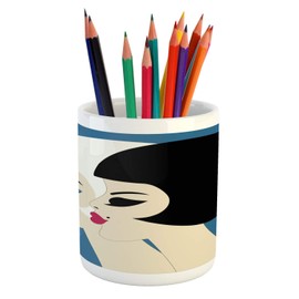 Ambesonne Hair Salon Pencil Pen Holder, Retro Style Brunette and Blonde Women with Bob Haircut and Neat Make up Image, Printed Ceramic Pencil Pen Holder for Desk Office Accessory, Multicolor
