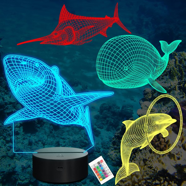 Lampeez Ocean Sea Animals 3D Lamp Kits,Dolphin, Marlin,Shark,Whale 3D Night Light for Kids (4 Patterns) with Remote Control & 16 Colors Changing & Dimmable Function & Xmas Birthday Gifts for Boy Girl