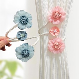 BDHRKTE Boho Flower Curtain Tie Backs, Handmade Curtains tiebacks,Cute Flower Curtain Ties Decorative Rope for Bedroom Window Treatment (Haze Blue)