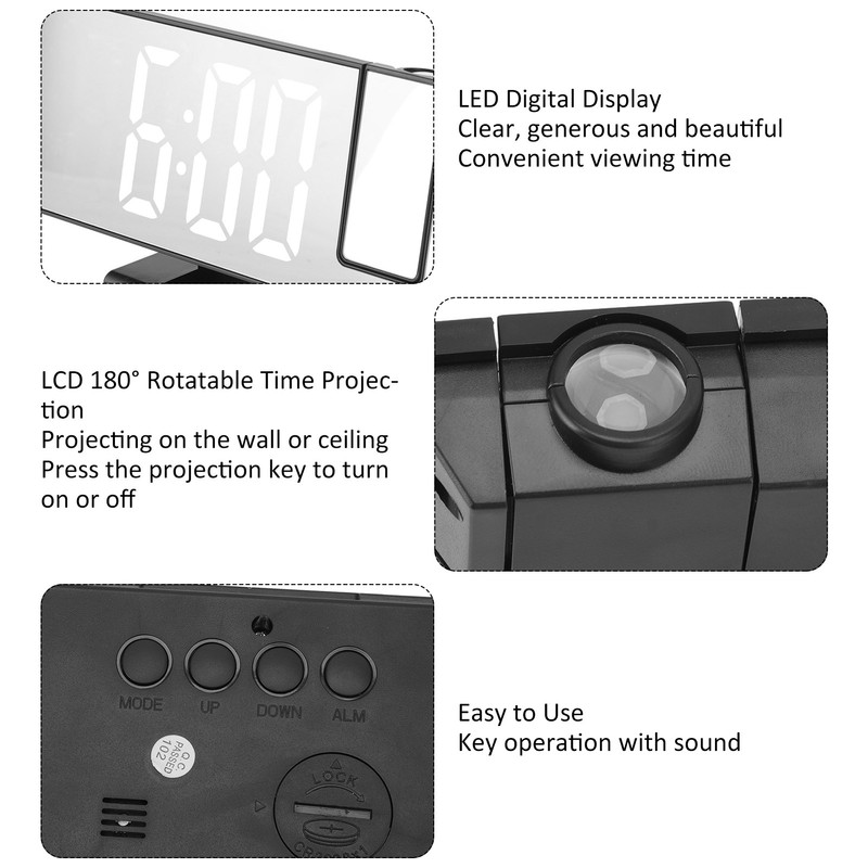 Projection Digital Alarm Clock USB Charging Automatic Dimming LED Mirror