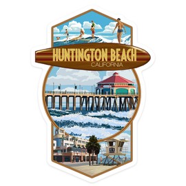 Die Cut Sticker Huntington Beach, California, Montage Scenes, Contour Vinyl Sticker 3 to 6 inches, (Waterproof Decal for Cars, Water Bottles, Laptops, Coolers), Large
