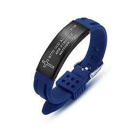 AOAMID Stainless Steel Sport Bible Verse Bracelet, Silicone Mantra Quotes Christian Gifts – Christian Bracelet for Men and Women (Blue,With God all)
