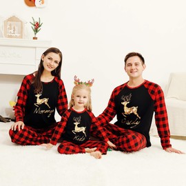Hinzonek Family Christmas Matching Pyjamas Outfits Elk Plaid Nightwear Sleepwear Xmas Pajamas Holiday Loungewear for Dad Mom Kids Baby Pet