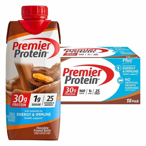 Premier Protein Premier 30g Protein PLUS Energy and Immune Support Shakes, 11 fl oz, 18 Pack, Chocolate Peanut Butter (Chocolate Peanut Butter)