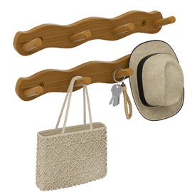 SupBambGO Coat Rack Wall-Mounted Coat Hooks, 2 Packs Entryway Hat Rack for Wall, Bamboo Coat Hanger Key Holder, Space Saving Organizer, 14 Inch