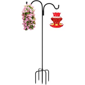 Gtongoko Double Shepherds Hook for Outdoor, 108 Inch Bird Feeder Pole with 5 Prongs Base, 5/8 Inch Thick Heavy Duty Adjustable Garden Hook for Hanging Plant, Lantern, Hummingbird Feeder, 1 Pack
