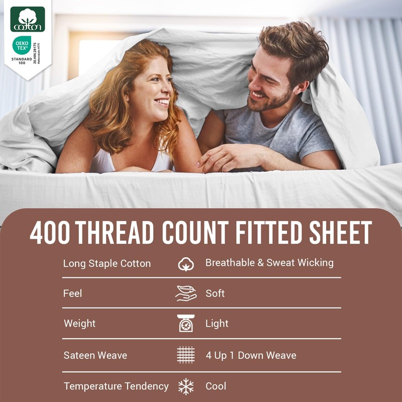 Pizuna 100% Cotton Small Single Fitted Sheet White, 400 Thread