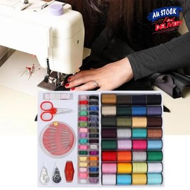64 Rolls Sewing Machine Thread Spool Set with Bobbin, Cotton Reel, Needle, Tape, Scissors, and Sewing Box Kit