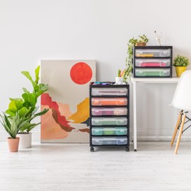 IRIS USA Fits 12" x 12" Paper, 6-Tier Scrapbook Rolling Storage Cart with Organizer for Stationery Vinyl Tools Office Art and Craft Supplies, Yarn, 6 Clear Cases w/ Built in Handle - Black/Clear