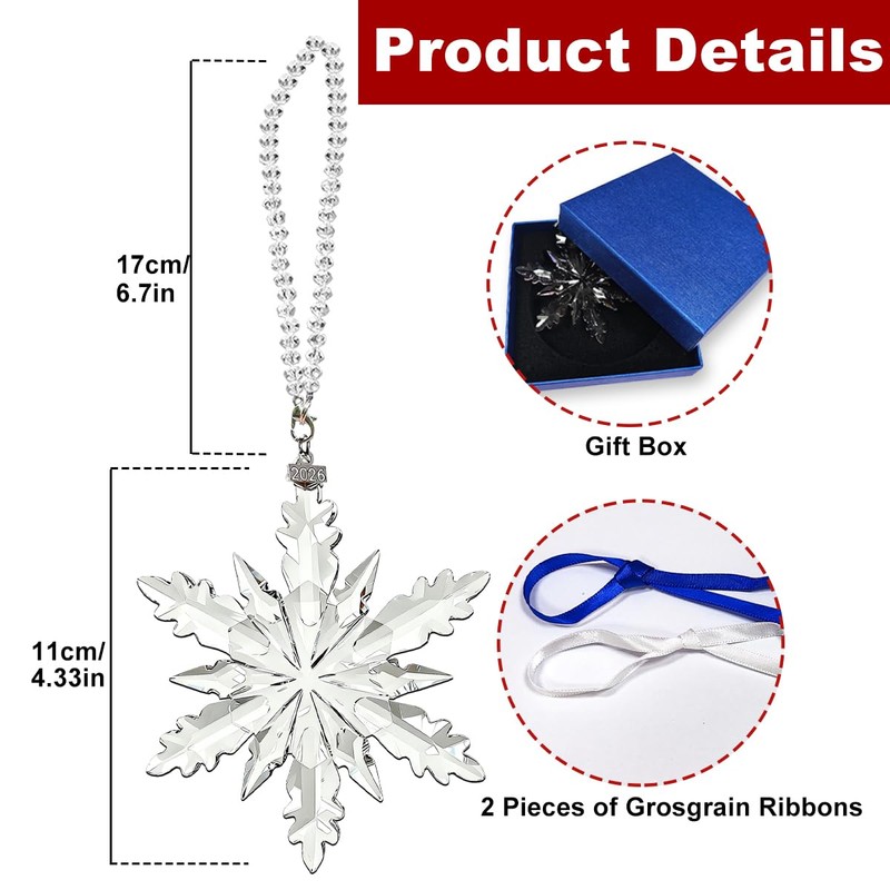 Annual Edition Ornament 2026, Crystal Glass Snowflake Christmas Ornaments